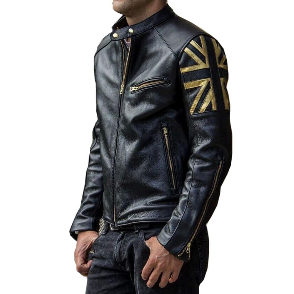 Union Jack UK British Flag Leather Jacket Mens Black Cafe